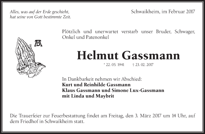  Traueranzeige für Helmut Gassmann vom 28.02.2017 aus Waiblinger Kreiszeitung