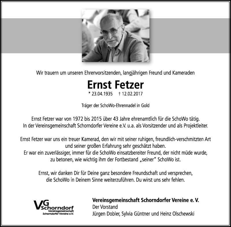 Traueranzeige für Ernst Fetzer vom 18.02.2017 aus Waiblinger Kreiszeitung