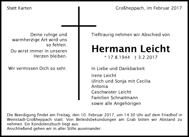  Traueranzeige für Hermann Leicht vom 07.02.2017 aus Waiblinger Kreiszeitung