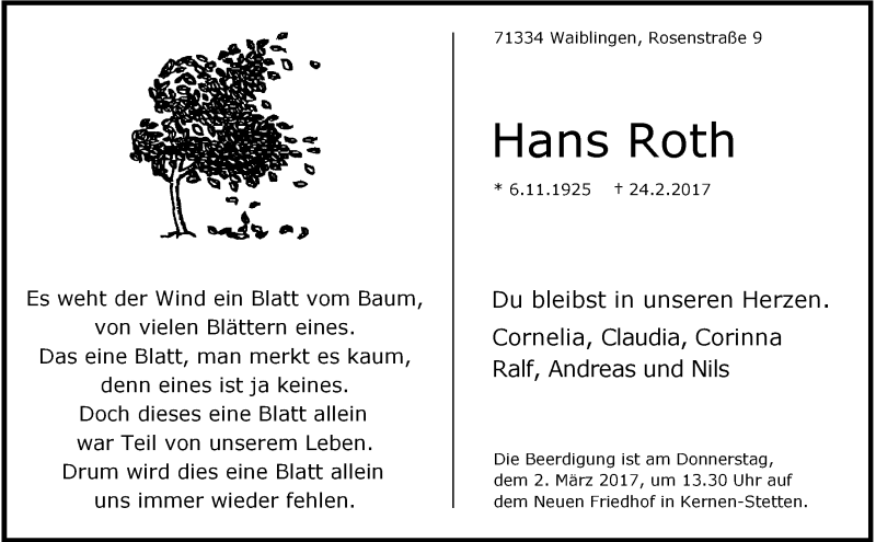  Traueranzeige für Hans Roth vom 27.02.2017 aus Waiblinger Kreiszeitung