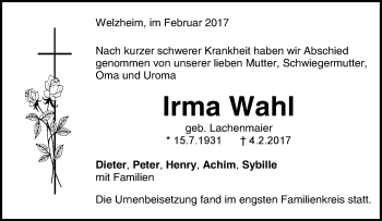 Traueranzeige von Irma Wahl von Waiblinger Kreiszeitung