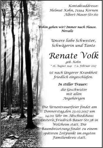 Traueranzeige von Renate Volk von Waiblinger Kreiszeitung