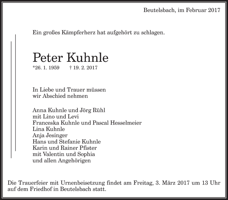  Traueranzeige für Peter Kuhnle vom 25.02.2017 aus Waiblinger Kreiszeitung