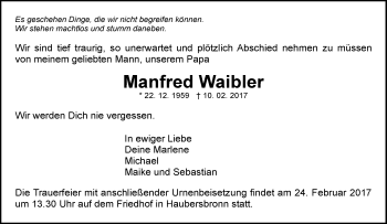 Traueranzeige von Manfred Waibler von Waiblinger Kreiszeitung