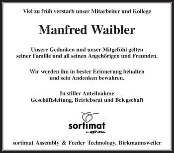 Traueranzeige von Manfred Waibler von Waiblinger Kreiszeitung
