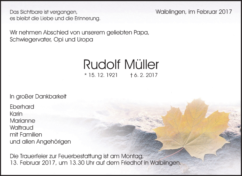  Traueranzeige für Rudolf Müller vom 08.02.2017 aus Waiblinger Kreiszeitung