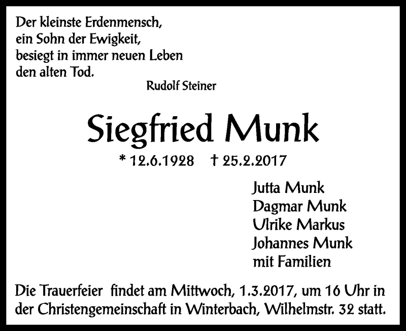  Traueranzeige für Siegfried Munk vom 28.02.2017 aus Waiblinger Kreiszeitung