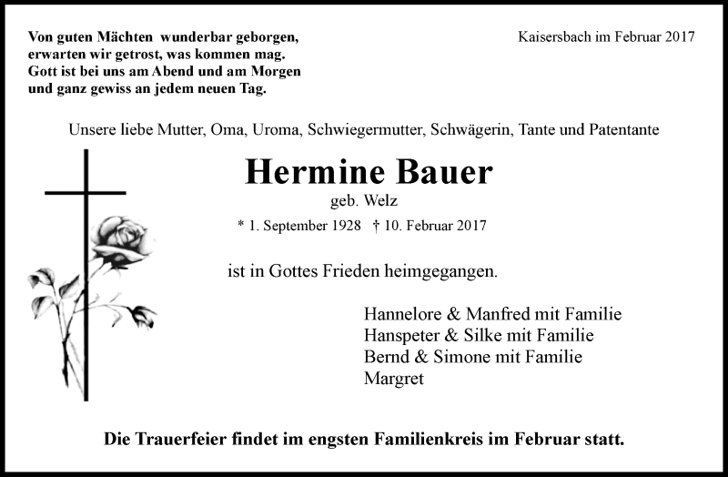  Traueranzeige für Hermine Bauer vom 15.02.2017 aus Waiblinger Kreiszeitung