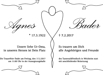 Traueranzeige von Agnes Bader von Waiblinger Kreiszeitung