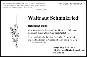 Traueranzeige von Waltraut Schmalzried von Waiblinger Kreiszeitung