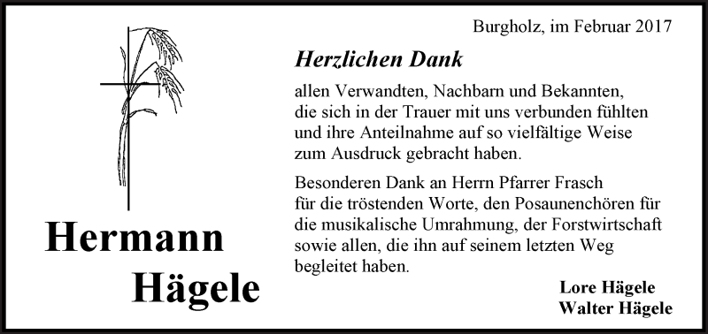  Traueranzeige für Hermann Hägele vom 27.02.2017 aus Waiblinger Kreiszeitung