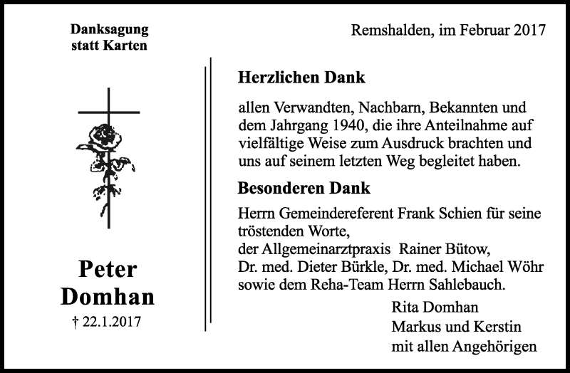  Traueranzeige für Peter Domhan vom 11.02.2017 aus Waiblinger Kreiszeitung