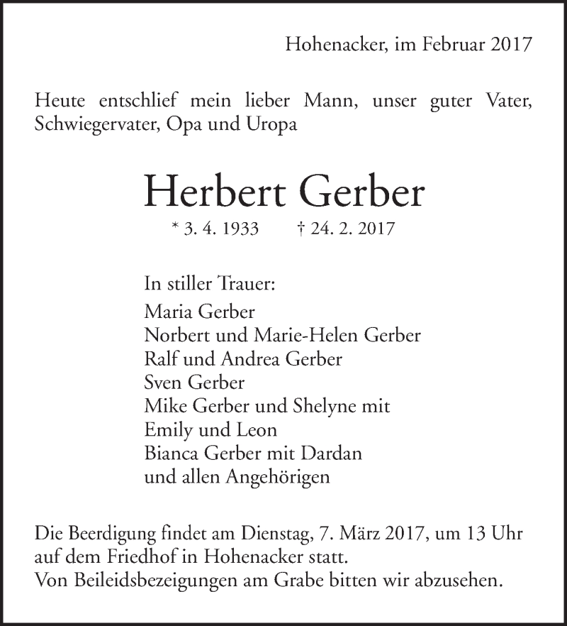  Traueranzeige für Herbert Gerber vom 28.02.2017 aus Waiblinger Kreiszeitung