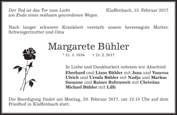 Traueranzeige von Margarete Bühler von Waiblinger Kreiszeitung