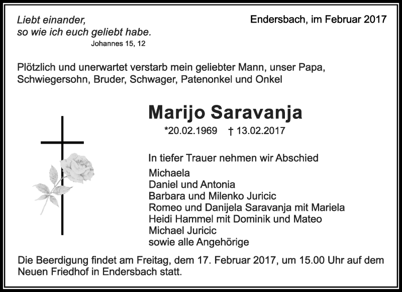  Traueranzeige für Marijo Saravanja vom 15.02.2017 aus Waiblinger Kreiszeitung
