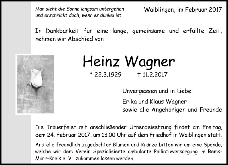  Traueranzeige für Heinz Wagner vom 18.02.2017 aus Waiblinger Kreiszeitung