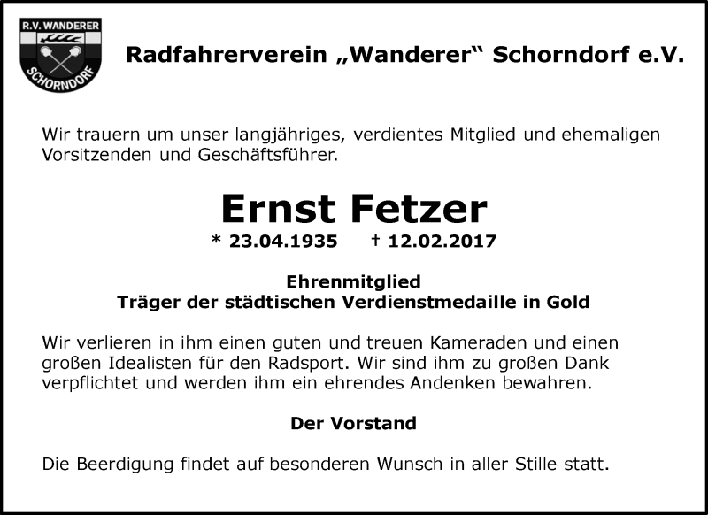  Traueranzeige für Ernst Fetzer vom 18.02.2017 aus Waiblinger Kreiszeitung