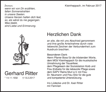 Traueranzeige von Gerhard Ritter von Waiblinger Kreiszeitung