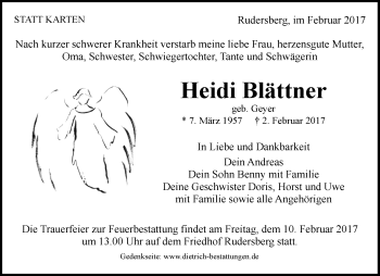 Traueranzeige von Heidi Blättner von Waiblinger Kreiszeitung