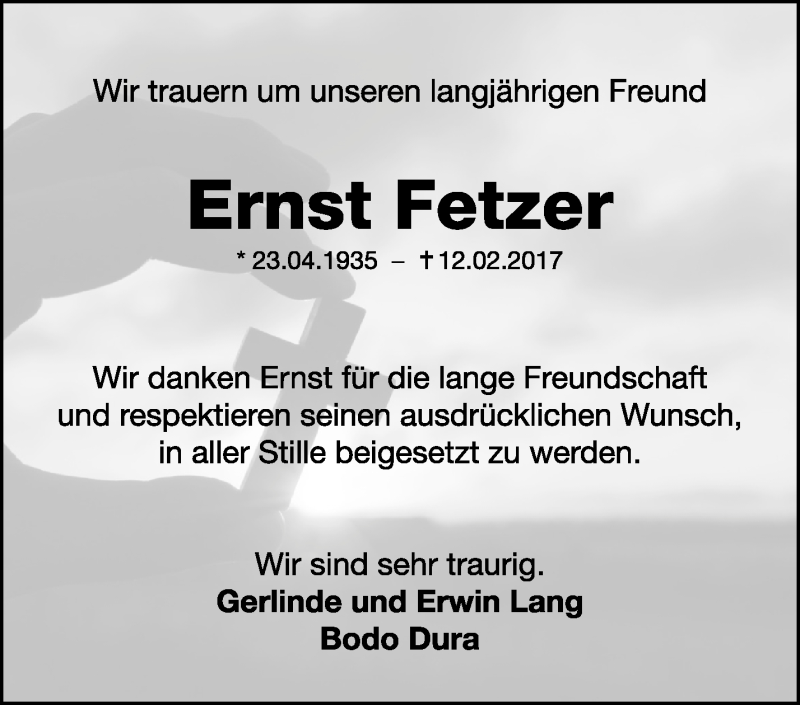 Traueranzeige für Ernst Fetzer vom 18.02.2017 aus Waiblinger Kreiszeitung