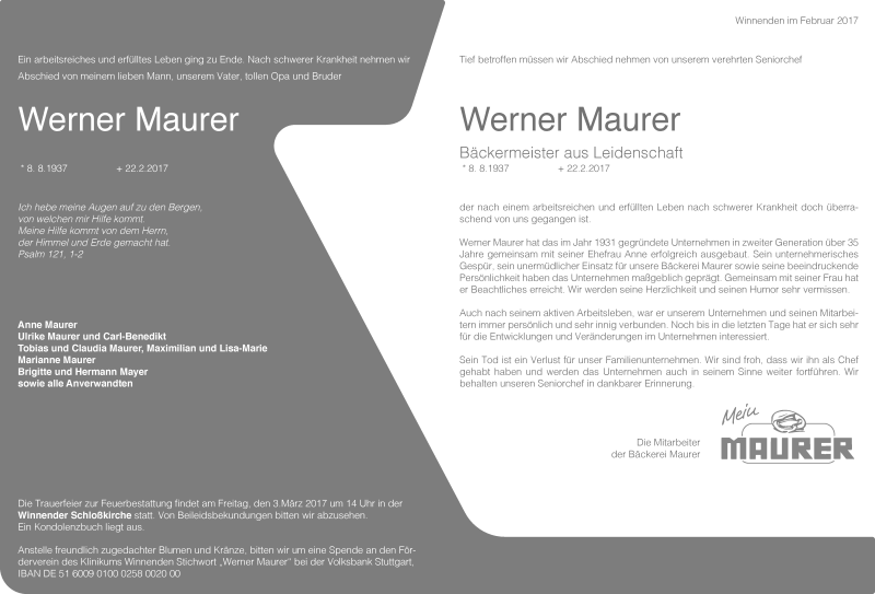  Traueranzeige für Werner Maurer vom 28.02.2017 aus Waiblinger Kreiszeitung