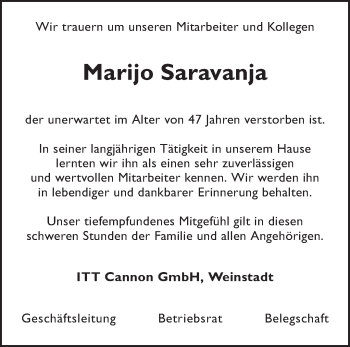 Traueranzeige von Marijo Saravanja von Waiblinger Kreiszeitung
