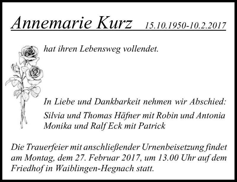  Traueranzeige für Annemarie Kurz vom 24.02.2017 aus Waiblinger Kreiszeitung