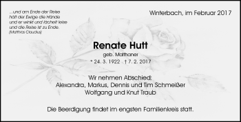 Traueranzeige von Renate Hutt von Waiblinger Kreiszeitung