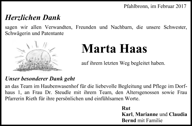  Traueranzeige für Marta Haas vom 11.02.2017 aus Waiblinger Kreiszeitung