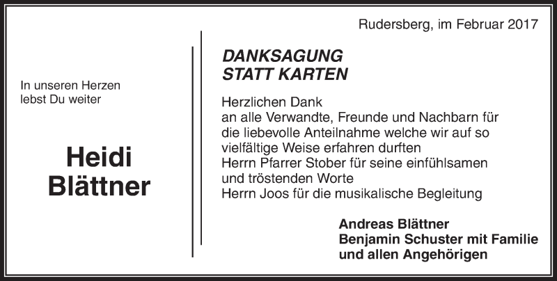  Traueranzeige für Heidi Blättner vom 23.02.2017 aus Waiblinger Kreiszeitung
