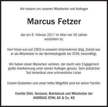 Traueranzeige von Marcus Fetzer von Waiblinger Kreiszeitung