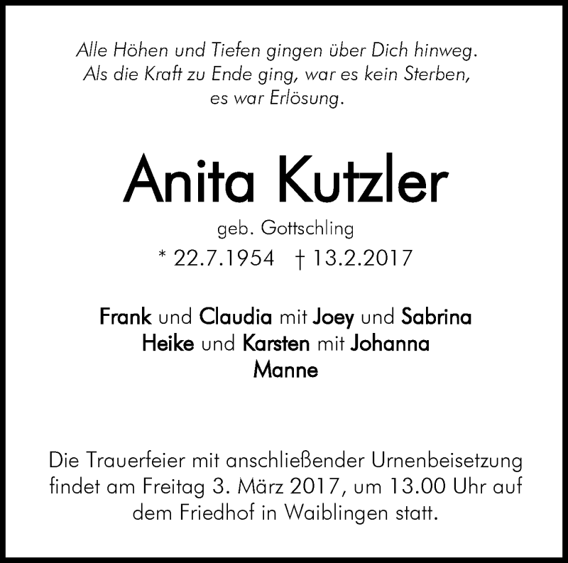  Traueranzeige für Anita Kutzler vom 27.02.2017 aus Waiblinger Kreiszeitung