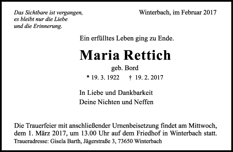  Traueranzeige für Maria Rettich vom 25.02.2017 aus Waiblinger Kreiszeitung