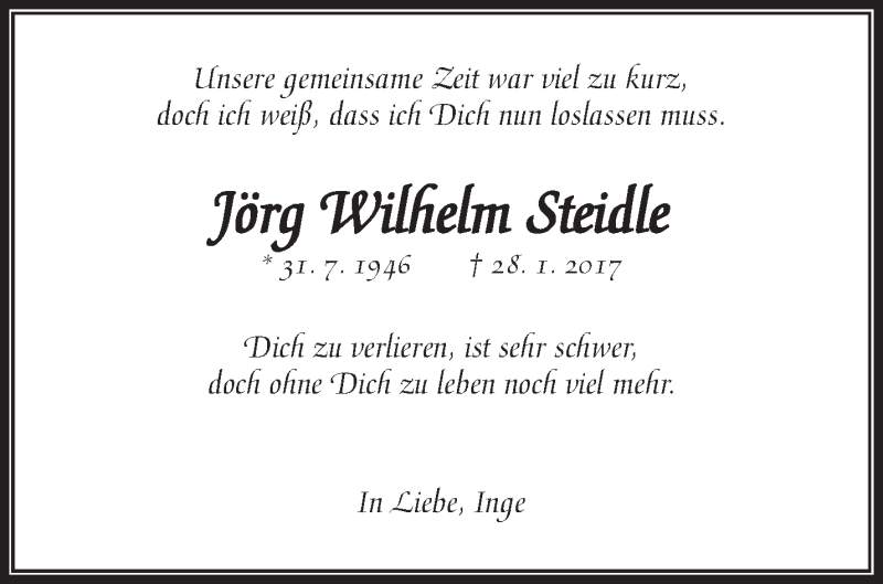  Traueranzeige für Jört Wilhelm Steidle vom 04.02.2017 aus Waiblinger Kreiszeitung
