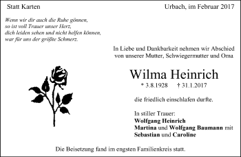 Traueranzeige von Wilma Heinrich von Waiblinger Kreiszeitung