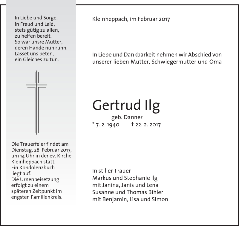  Traueranzeige für Gertrud Ilg vom 25.02.2017 aus Waiblinger Kreiszeitung