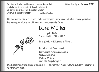 Traueranzeige von Lore Müller von Waiblinger Kreiszeitung