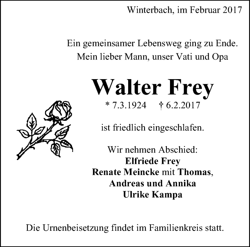  Traueranzeige für Walter Frey vom 11.02.2017 aus Waiblinger Kreiszeitung