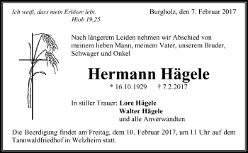 Traueranzeige von Hermann Hägele von Waiblinger Kreiszeitung