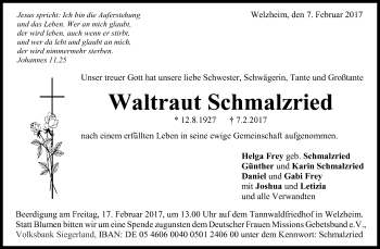 Traueranzeige von Waltraut Schmalzried von Waiblinger Kreiszeitung