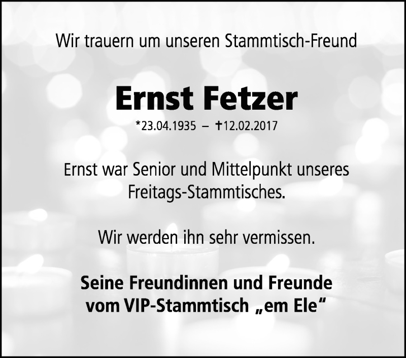  Traueranzeige für Ernst Fetzer vom 18.02.2017 aus Waiblinger Kreiszeitung