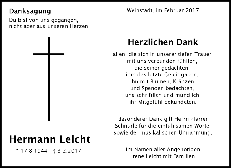  Traueranzeige für Hermann Leicht vom 22.02.2017 aus Waiblinger Kreiszeitung