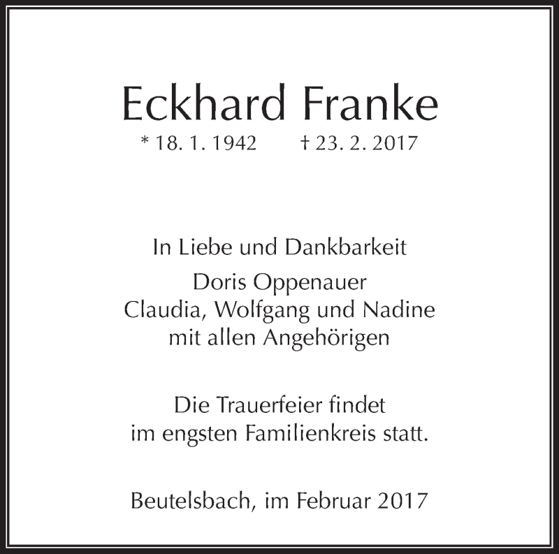  Traueranzeige für Eckhard Franke vom 28.02.2017 aus Waiblinger Kreiszeitung