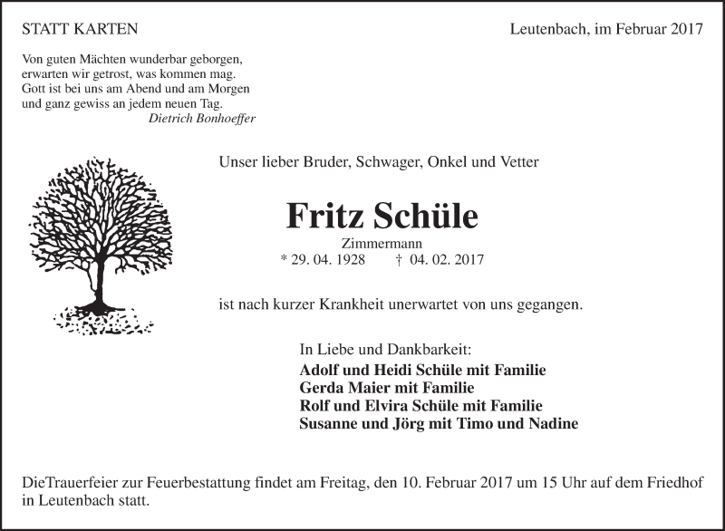  Traueranzeige für Fritz Schüle vom 08.02.2017 aus Waiblinger Kreiszeitung