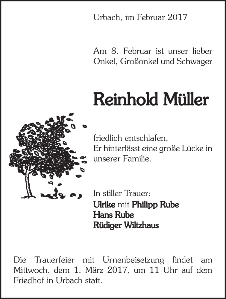  Traueranzeige für Reinhold Müller vom 25.02.2017 aus Waiblinger Kreiszeitung