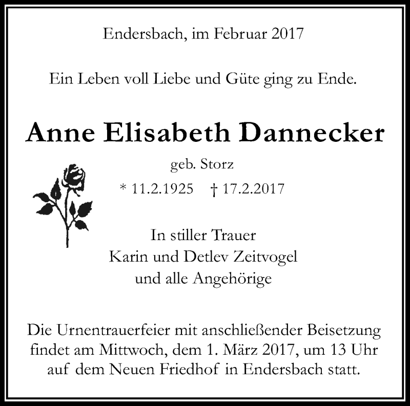  Traueranzeige für Anne Elisabeth Dannecker vom 25.02.2017 aus Waiblinger Kreiszeitung