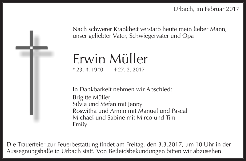 Traueranzeige für Erwin Müller vom 28.02.2017 aus Waiblinger Kreiszeitung