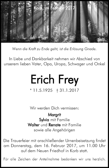 Traueranzeige von Erich Frey von Waiblinger Kreiszeitung