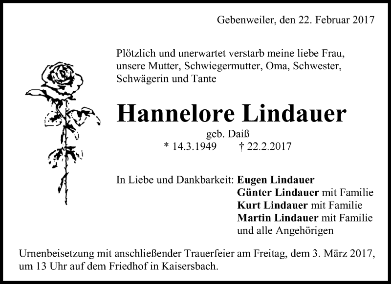  Traueranzeige für Hannelore Lindauer vom 28.02.2017 aus Waiblinger Kreiszeitung