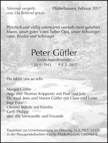 Traueranzeige von Peter Gütler von Waiblinger Kreiszeitung